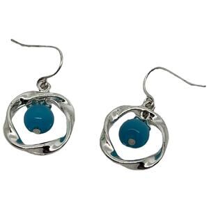 Silver Hoop Earrings with Turquoise Bead Accents